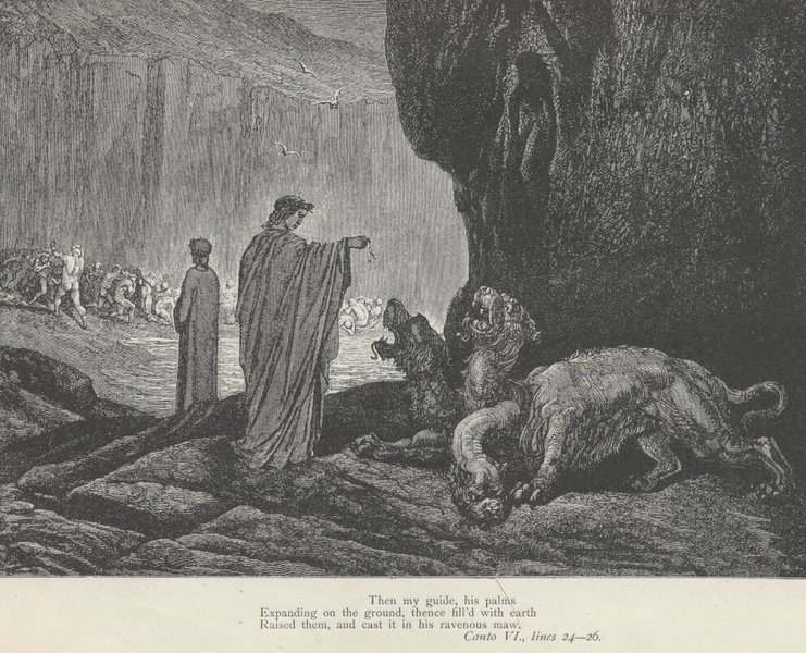 Virgil and Dante confronted by Hell beasts