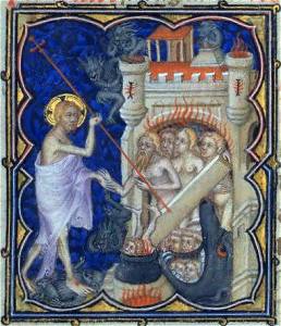 Medieval manuscript depicting Christ's descent into hell - the Harrowing of Hell